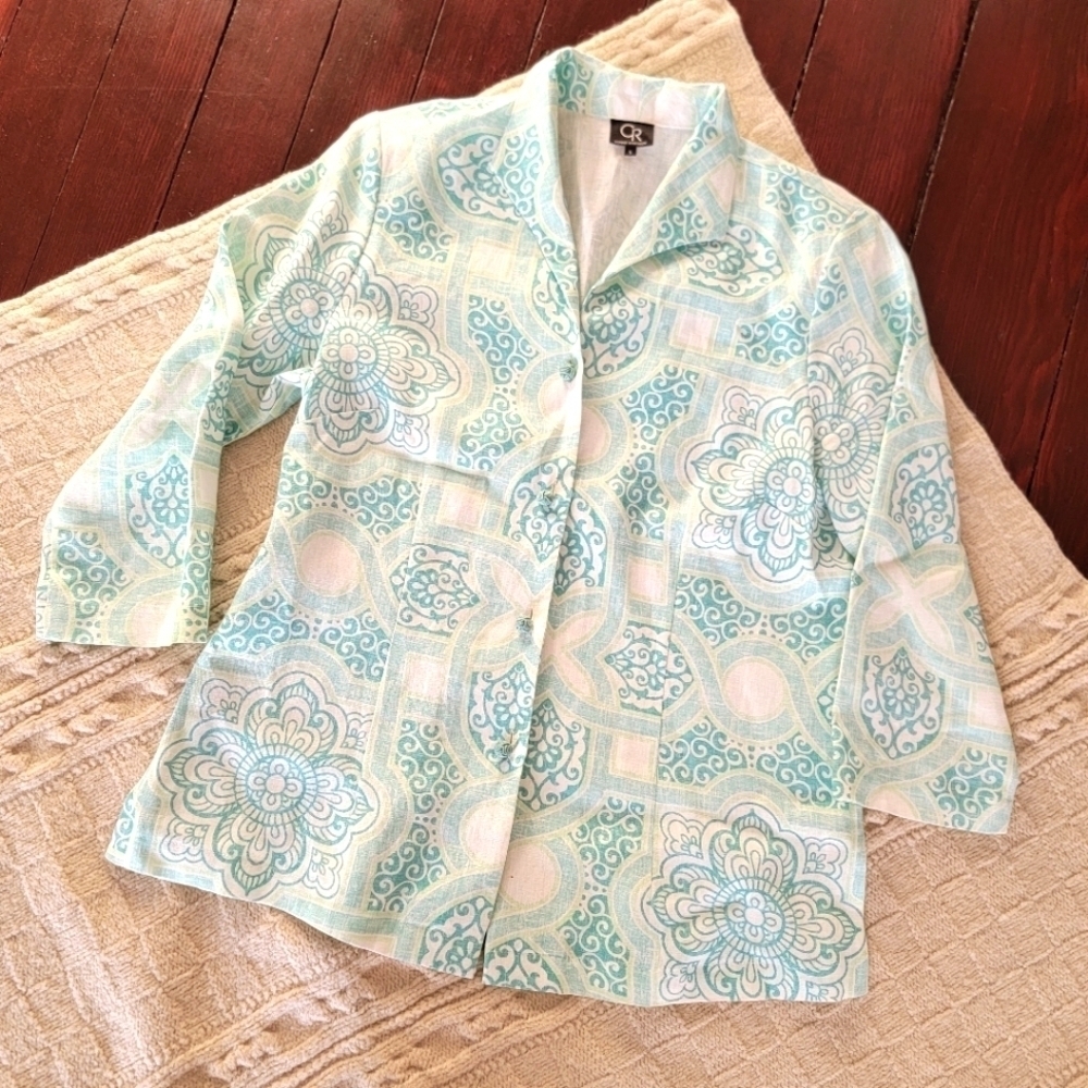 Connie Roberson Ronette Linen Blouse Jacket size S/M Green Blue Floral Print